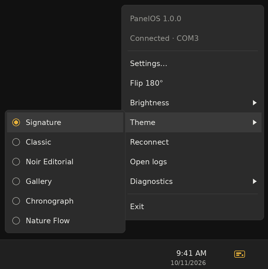 The PanelOS tray menu with the Theme submenu open