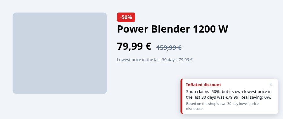 On a first visit the shop's own 30-day lowest price shows the -50% claim is inflated